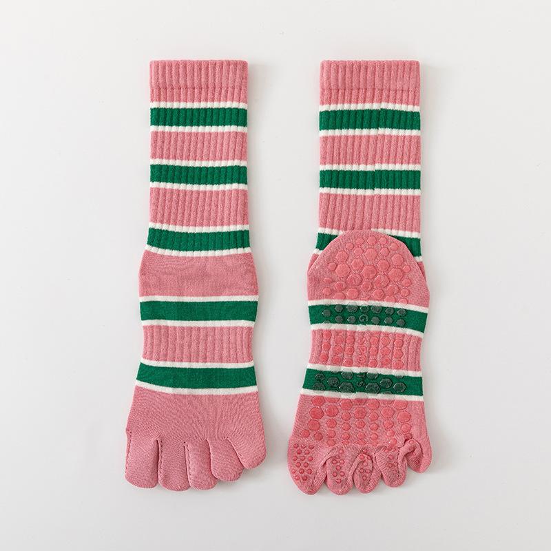 Spring and Summer Bright Striped Mid-calf Split-finger Cotton Socks, High-top Yoga Fitness Sports Anti-slip Socks, Five-finger Socks Pilates