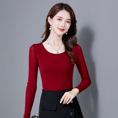 Four Seasons Women's Clothing, Mesh Base Women's Long-sleeved T-shirt Underwear, Glittering Silk Top