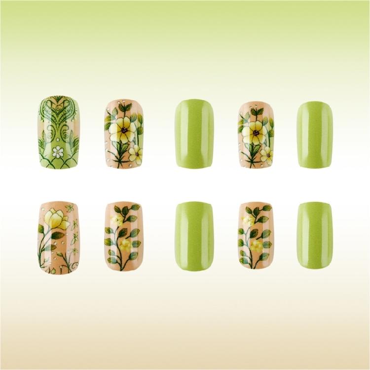 24 Pcs Glossy Full Cover False Nail Mediuim Square Press On Nail Flowers Stick On Nail Green Acrylic Nail