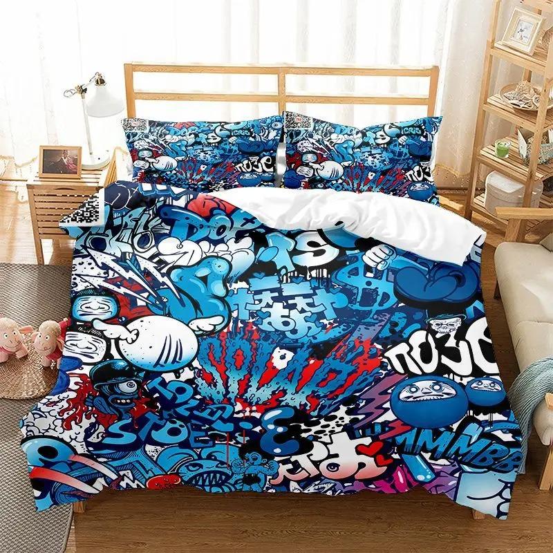 Fashion Bedding Set Cartoon Graffiti Polyester Duvet Cover Pillowcase Single King Double Full Queen Size Polyester Quilt Cover