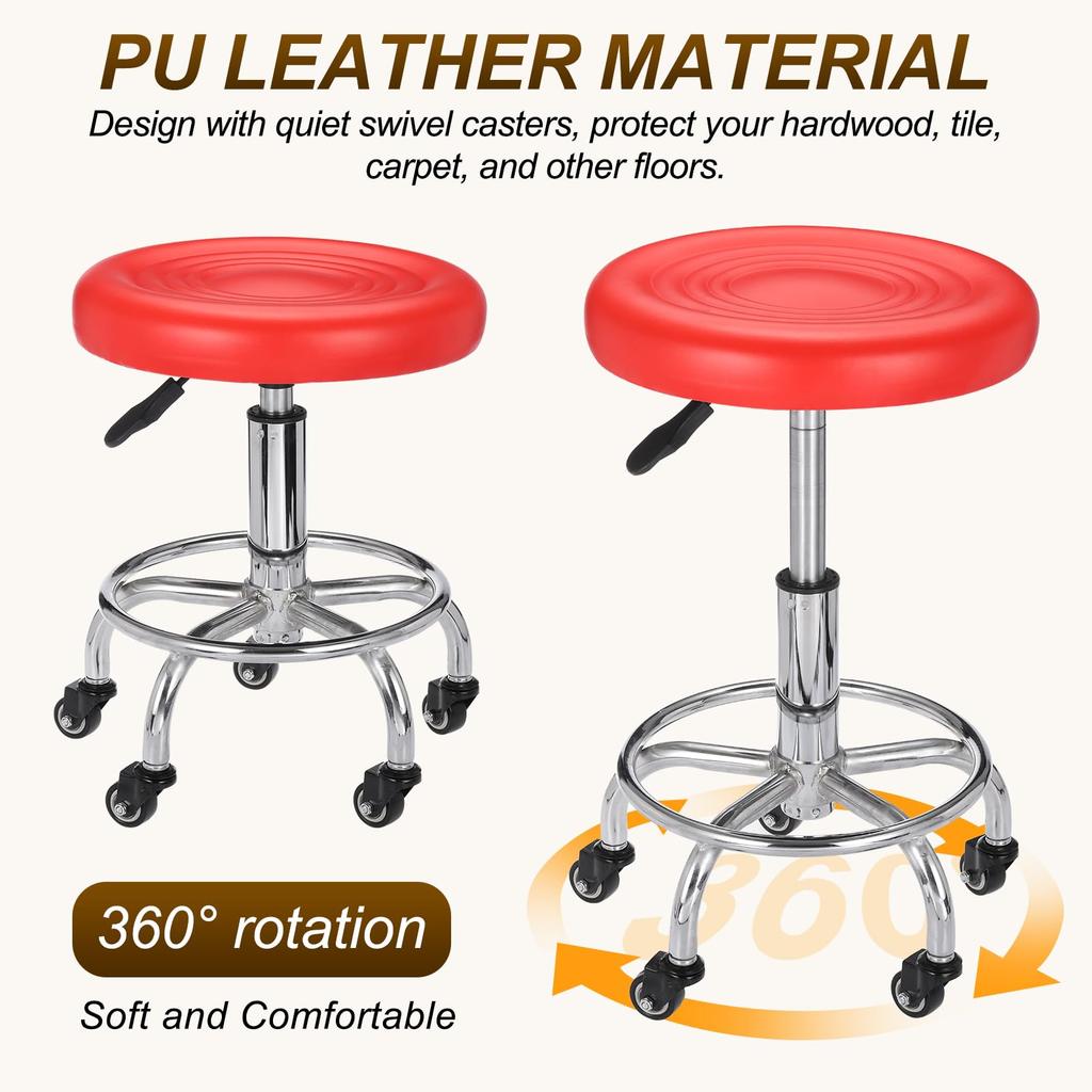 PATIKIL Rolling Desk Stool with PU Leather Round Rolling Desk Stool for Beauty and Office Red Height-Adjustable Casters, Tattoo, Massage, Salon, Spa,