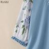 ZANZEA Damen Casual Stehkragen Print Patchwork 3/4 Ärmel Bluse