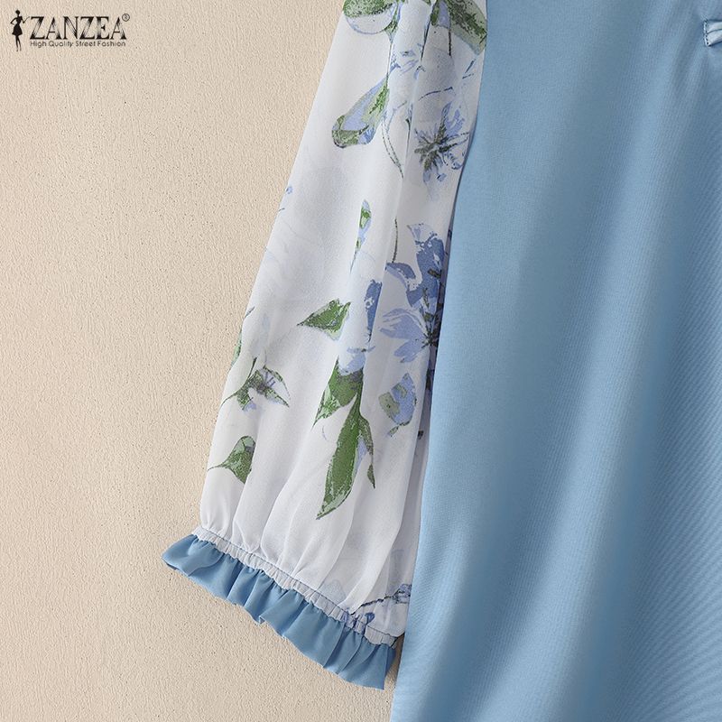 ZANZEA Damen Casual Stehkragen Print Patchwork 3/4 Ärmel Bluse