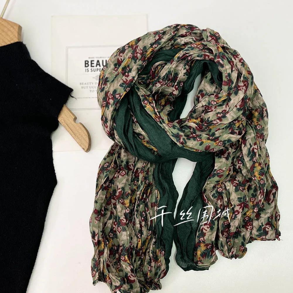 Vreovor Spring Autumn Thin Floral Scarf Women'S New Vintage Japanese Cotton Hemp Texture Silk Summer Sunscreen Headscarf Beach