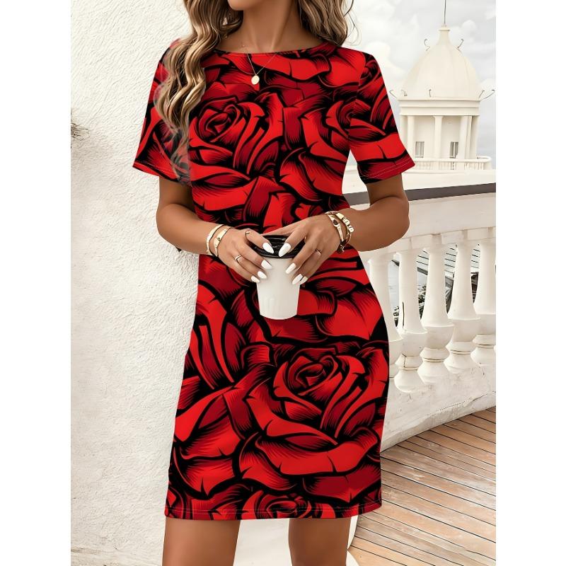Women s new summer style rose random print round neck short-sleeved skirt S