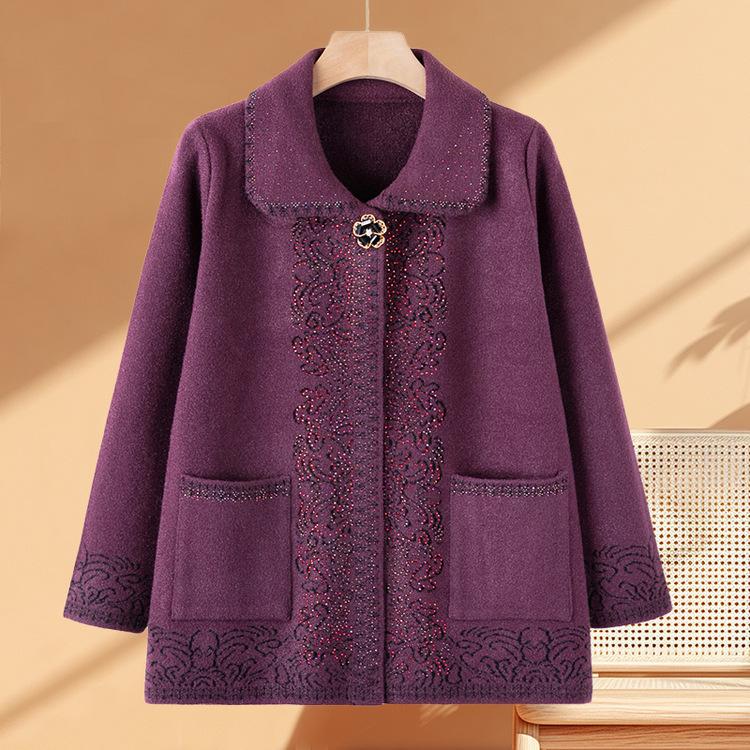 Mom Sweater Spring and Autumn Clothes Lapel Jacket Middle-aged and Elderly Sweater Cardigan Old People Clothes Old Lady Grandma Top