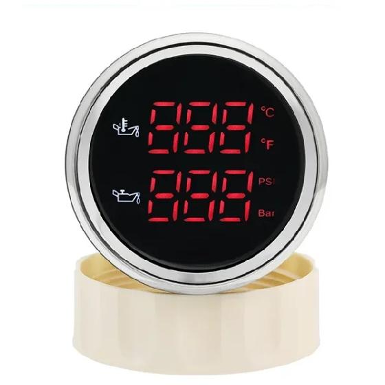 QC Car Oil Pressure Gauge 0-10 BAR Oil Press Oil Temperature LED Meter with Alarm For 12V24V Car Boat 52mm 2 in 1 Meters