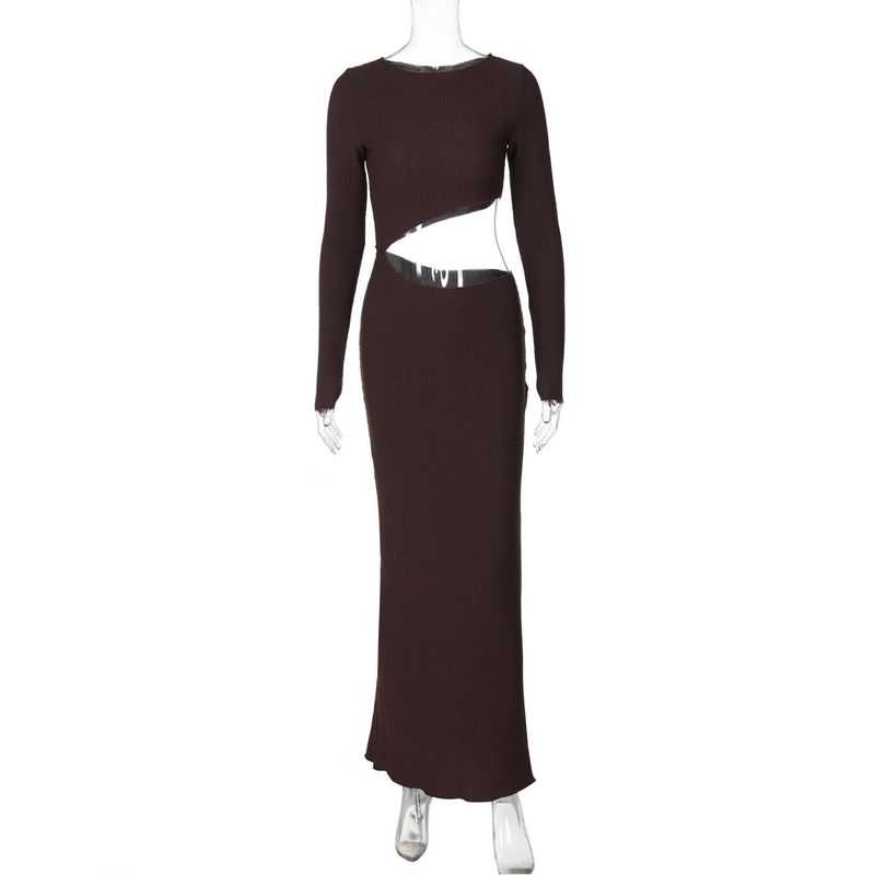 

Fashion Style Women s Clothing 2024 Autumn New Arrival Pure Color round Neck Long Sleeves Waist-Baring Slim-Fit Long Dress Brown L