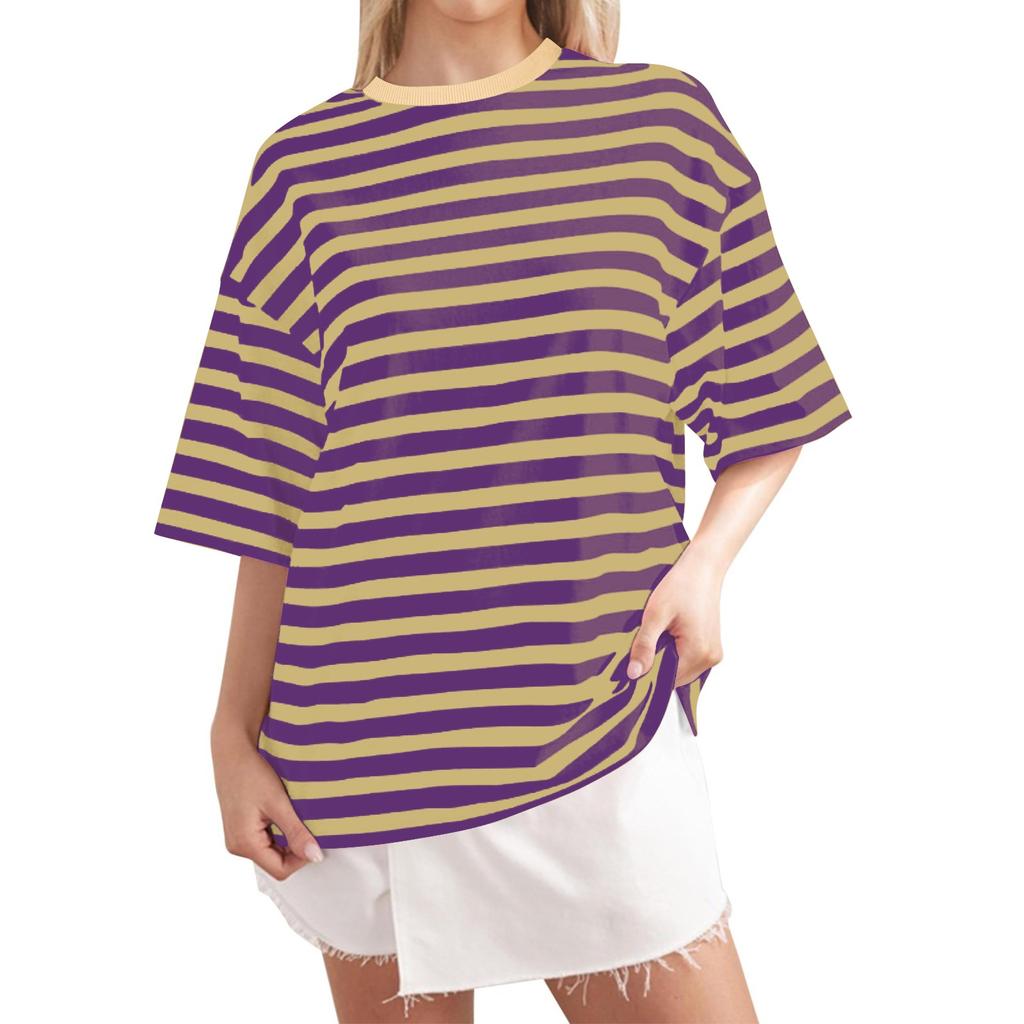 Women Oversized Striped Color Block Shirt Short Sleeve O-Neck T-Shirts Casual Loose Pullover Tops Summer Tee Tops