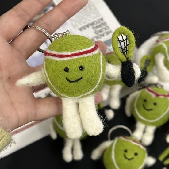 Handmade Wool Felt Tennis Keychain Cute Tennis Ball And Racket Charm with Smile Face Sporty Bag Accessory Gift