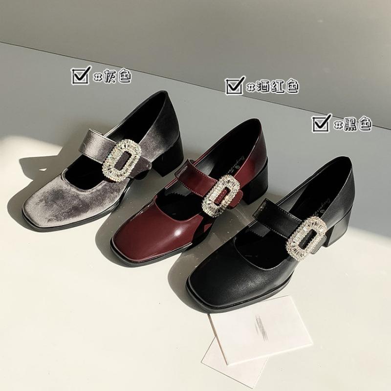 New mid-heel fashion single shoes women's round head non-slip beef tendon sole square heel buckle leather women's shoes wear small leather shoes in 