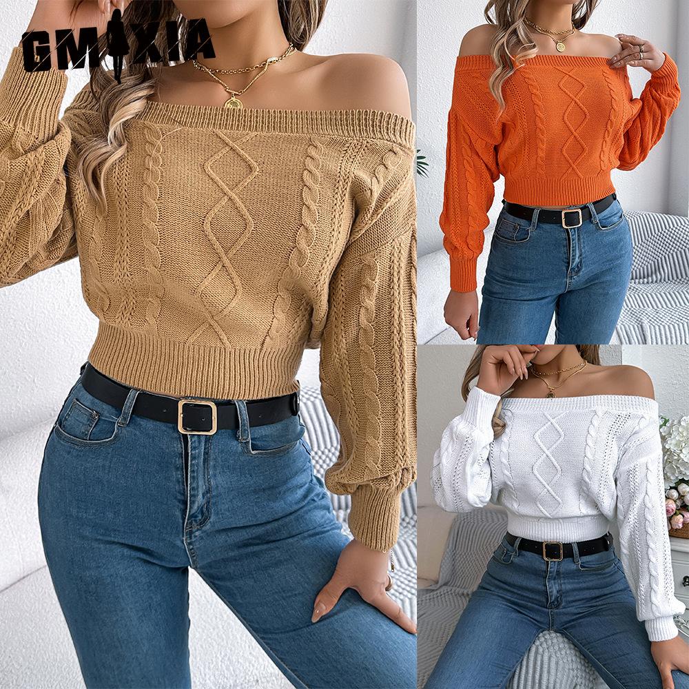 GMXIA Autumn and Winter Casual Solid Color One-shoulder Off-the-shoulder Long-sleeved Pullover Sweater Women's Wear