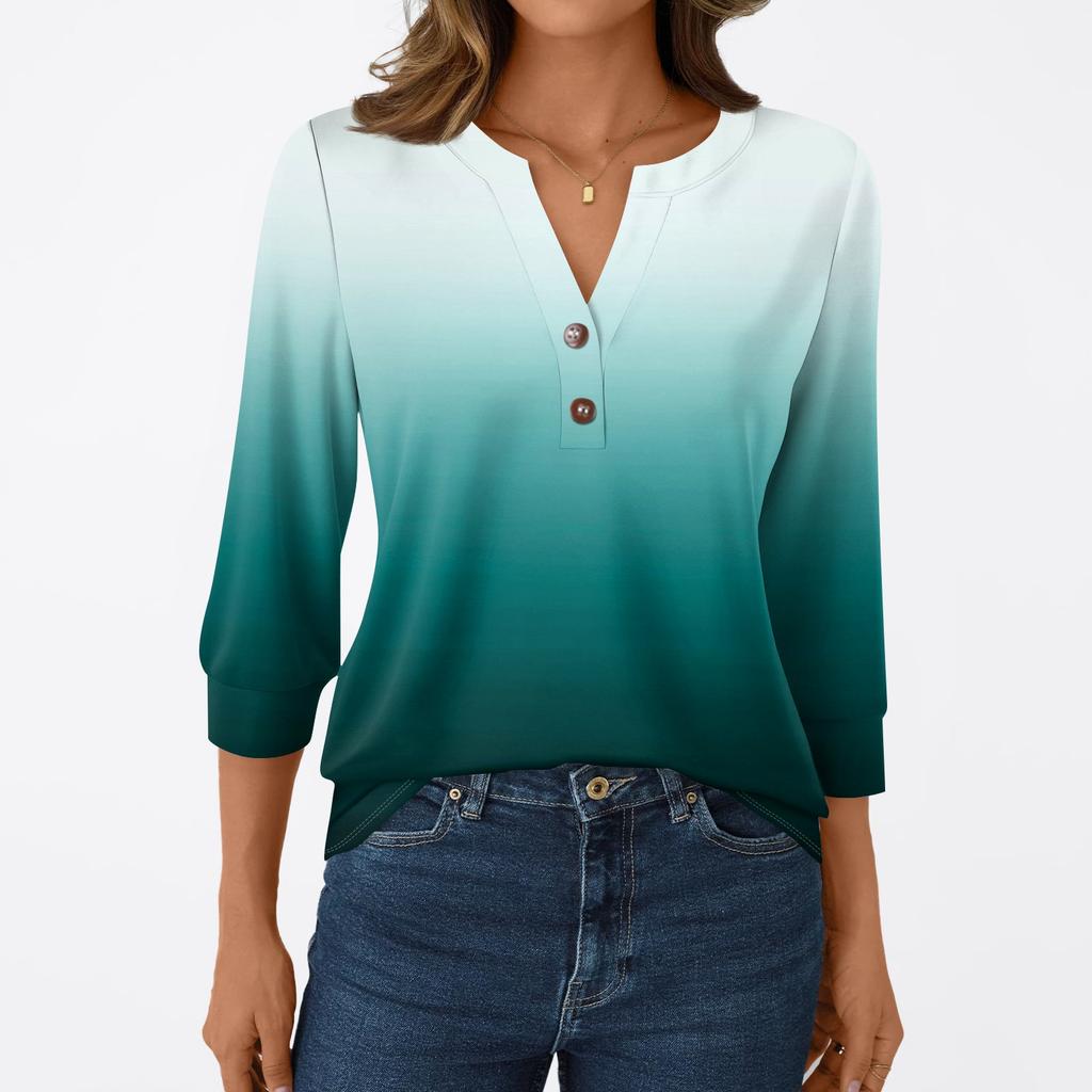 Women's Fashion Casual 3/4 Sleeve T-Shirt Prints V-Neck Button Top