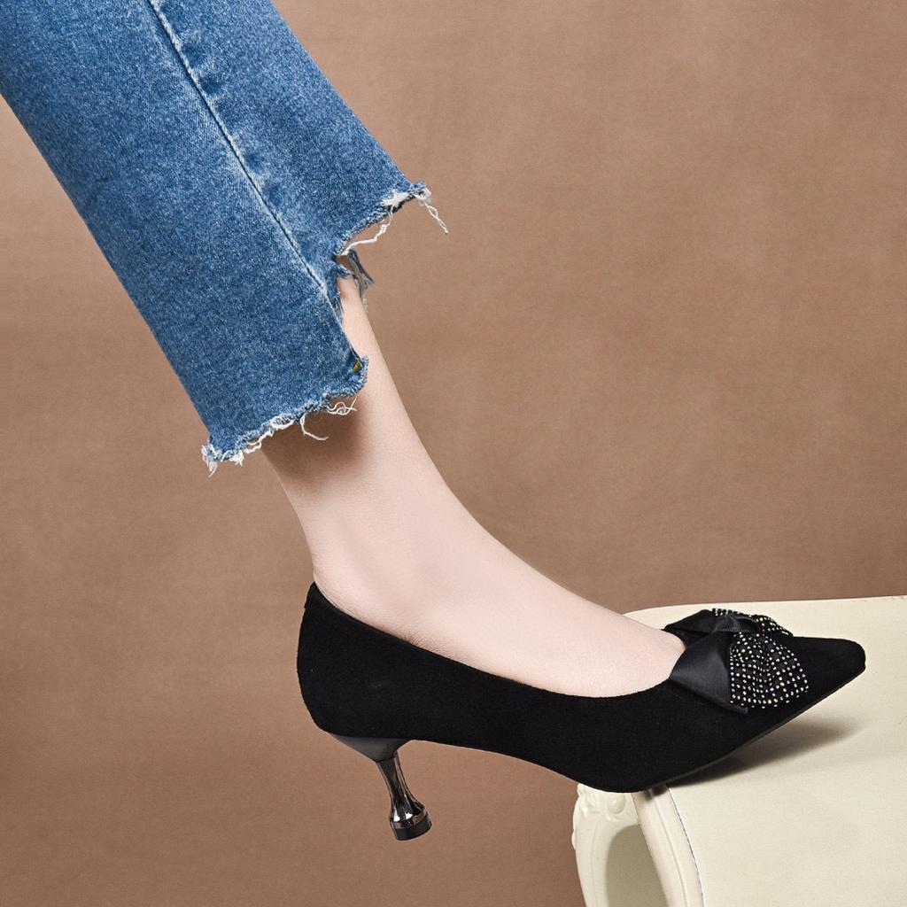 High Heels Women's 2025 Spring New Black Pointed Thin High Heels Women's Shoes Shallow Sheepskin Bow Rhinestone Single Shoes