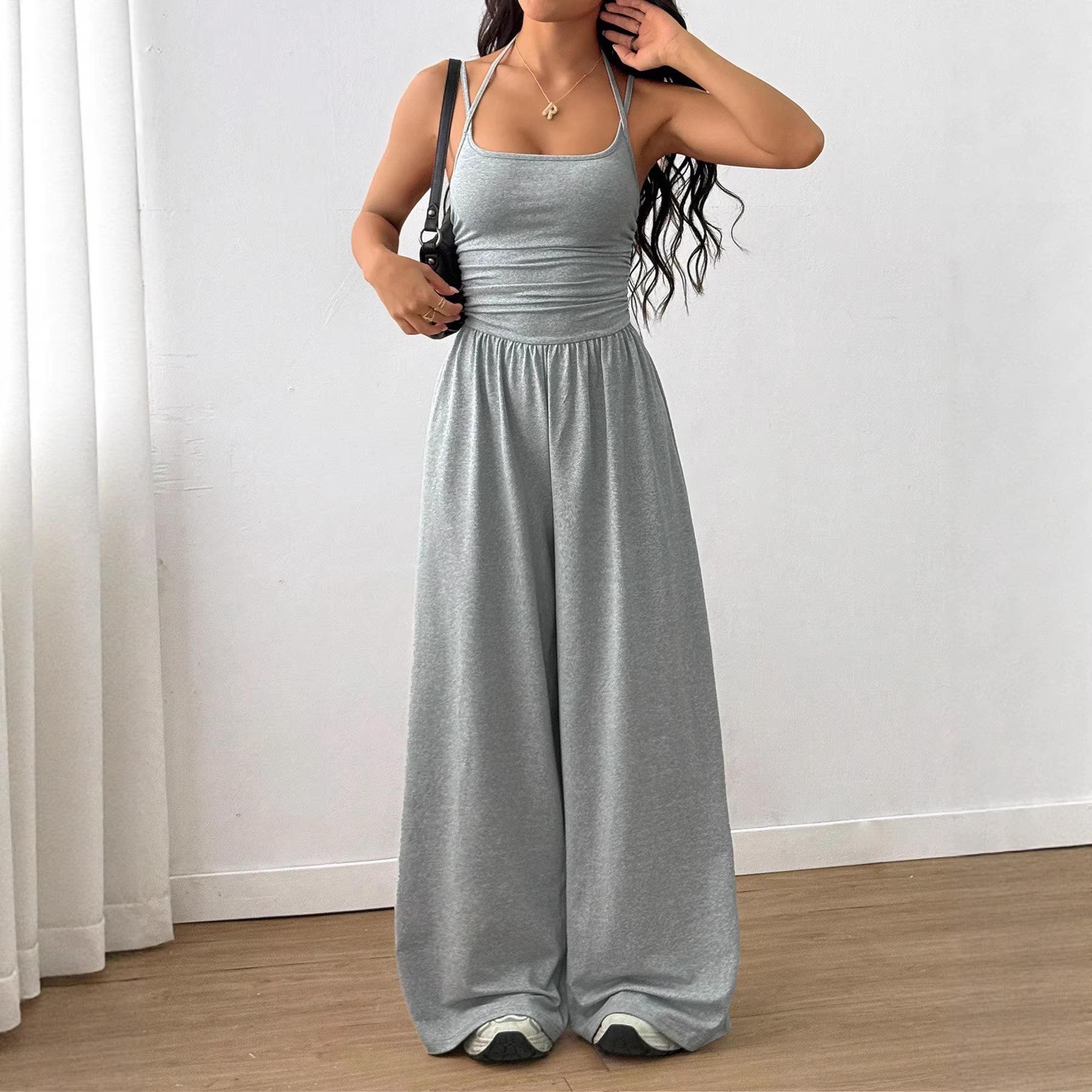

2026 European Spring/Summer Women s Casual Fashion Camisole Jumpsuit Set with Wide Legs XL сірий колір