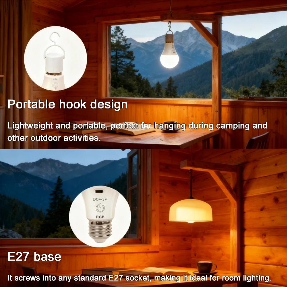 E27 Wireless RGB/CW Stepless Dimming USB Rechargeable Light Bulb with Remote Control Battery-Powered Light Bulb Dimmable/Timer
