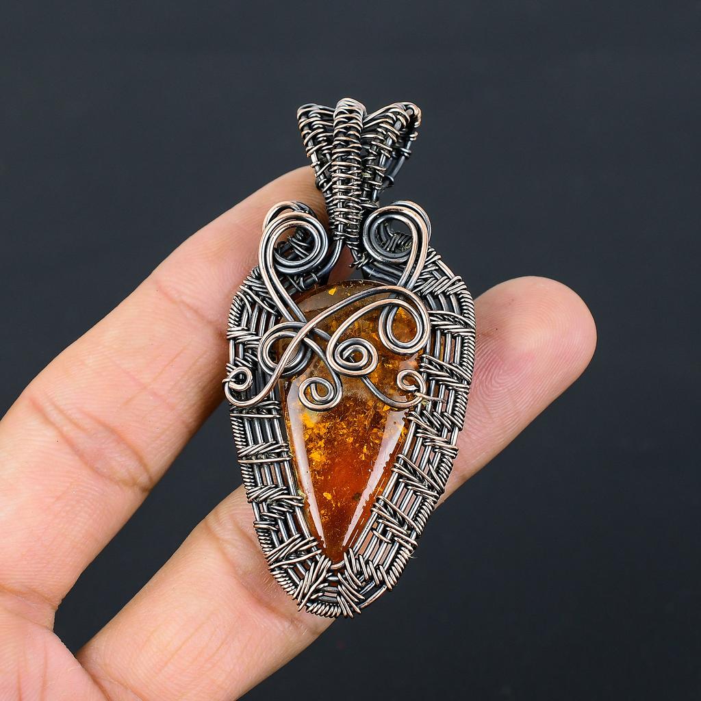 Natural Baltic Amber Gemstone Handmade Copper Wire Wrap Pendant 2.76" f9g06