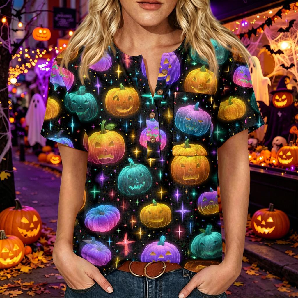 Women's Halloween Print Henley Neck Short Sleeve Linen Blend Shirt with Chest Pocket Casual Button Down Top for Fall Seasonal Wear
