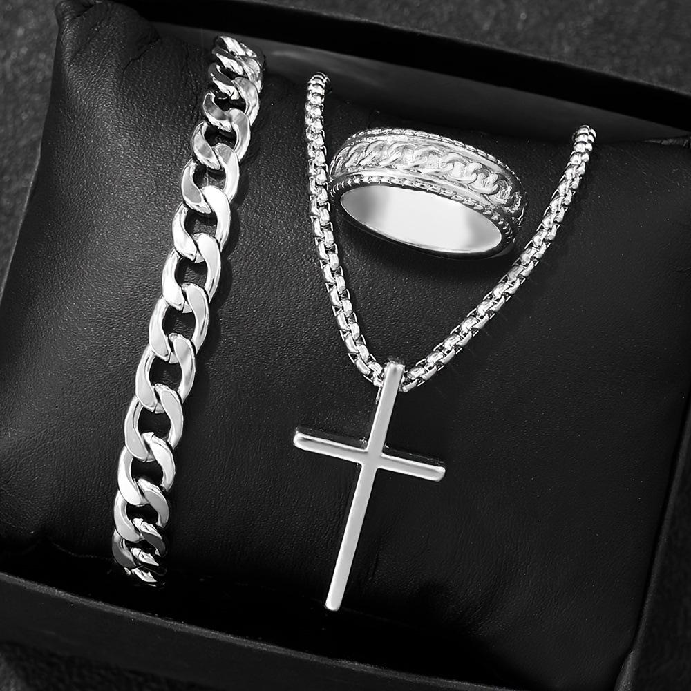 

Vintage-Inspired Titanium Steel 3-Piece Set, Cross Necklace + Cuban Bracelet + Totem Ring, Punk Style Men s Accessories