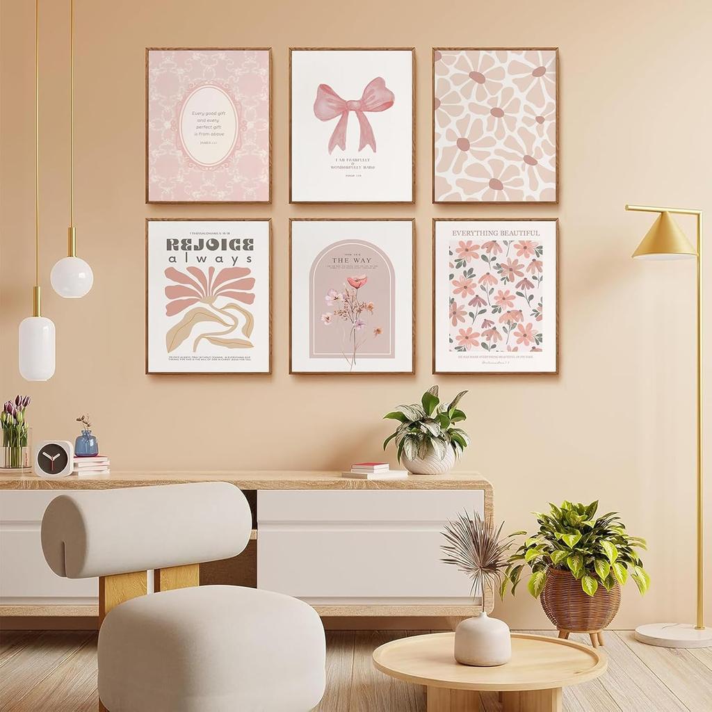 QQG Christian Wall Art Prints Set of 6 Pink Bible Verses Pictures Wall Decor Boho Floral Scripture Gallery Prints Girly Coquette Bow Aesthetic