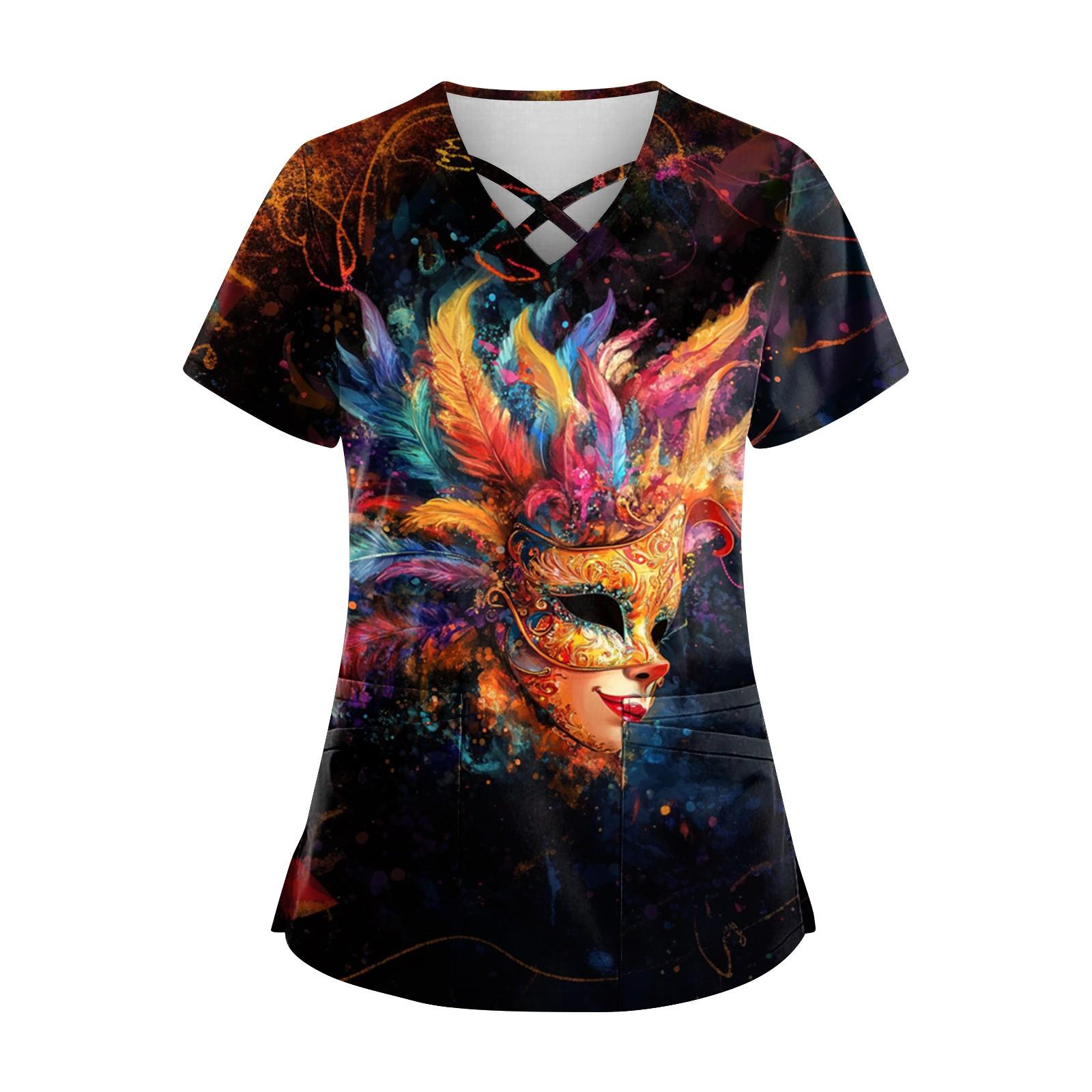 

Женский топ с коротким рукавом и V-образным вырезом, карнавальным принтом и карманом Dry-nurse M чёрный