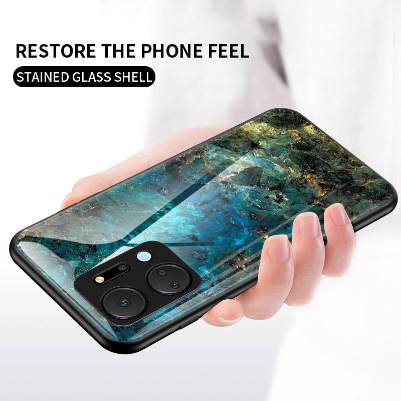 Cell Phone Case for Honor X7a 5G,Marble Pattern Tempered Glass+PC +TPU Phone Cover