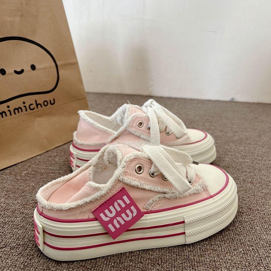 Two Wear Thick-soled Heel Can Step On Rough-edged Flowing Sail Cloth Shoes, Spring and Autumn Student Canvas Shoes, Women
