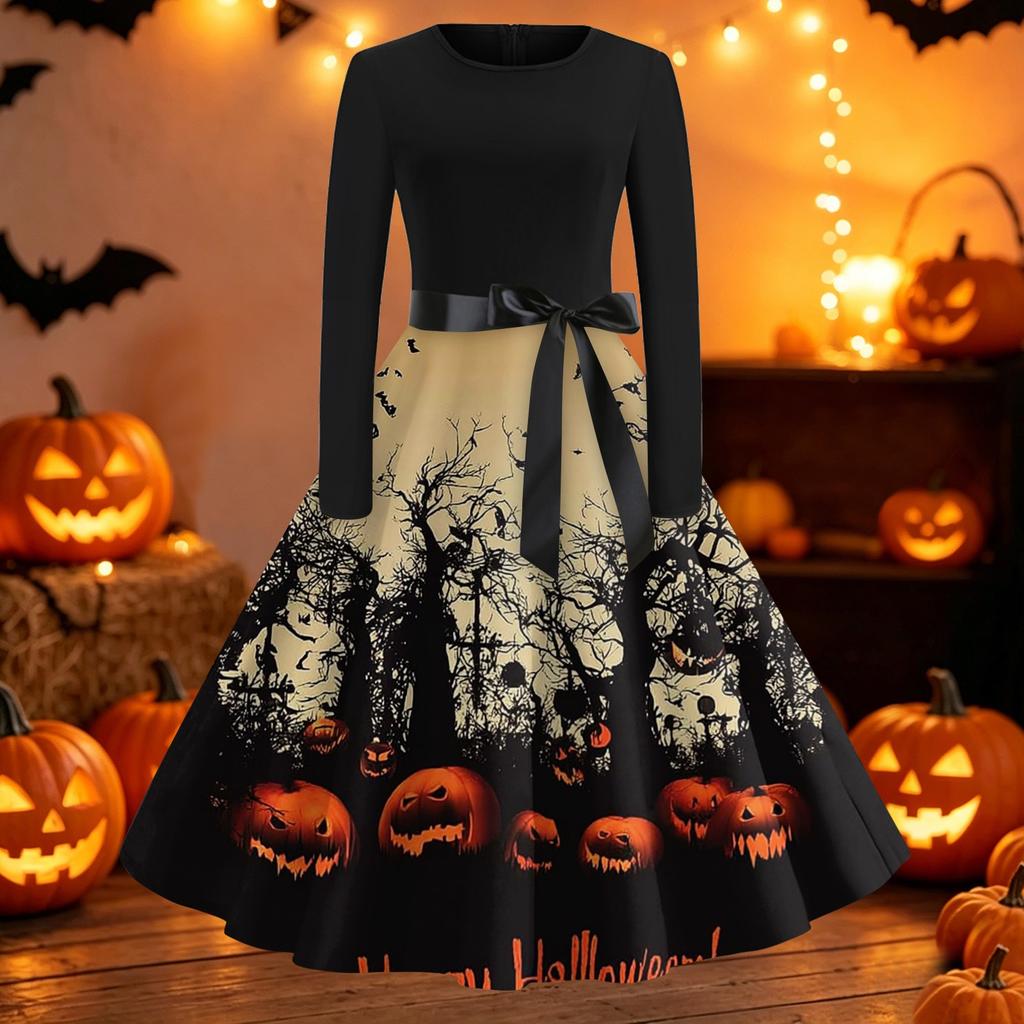 Women's Vintage Halloween Print Round Neck Casual Dress for Everyday Wear