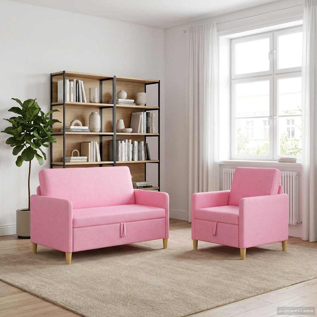 2 Piece Storage Sofa Set In Pink Polyester