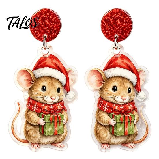 Holiday Party Accessories 1 Pair Cute Christmas Mouse Acrylic Earrings, 2D Flat Cartoon Animal Dangle Earrings Drop for Women, Glitter Star