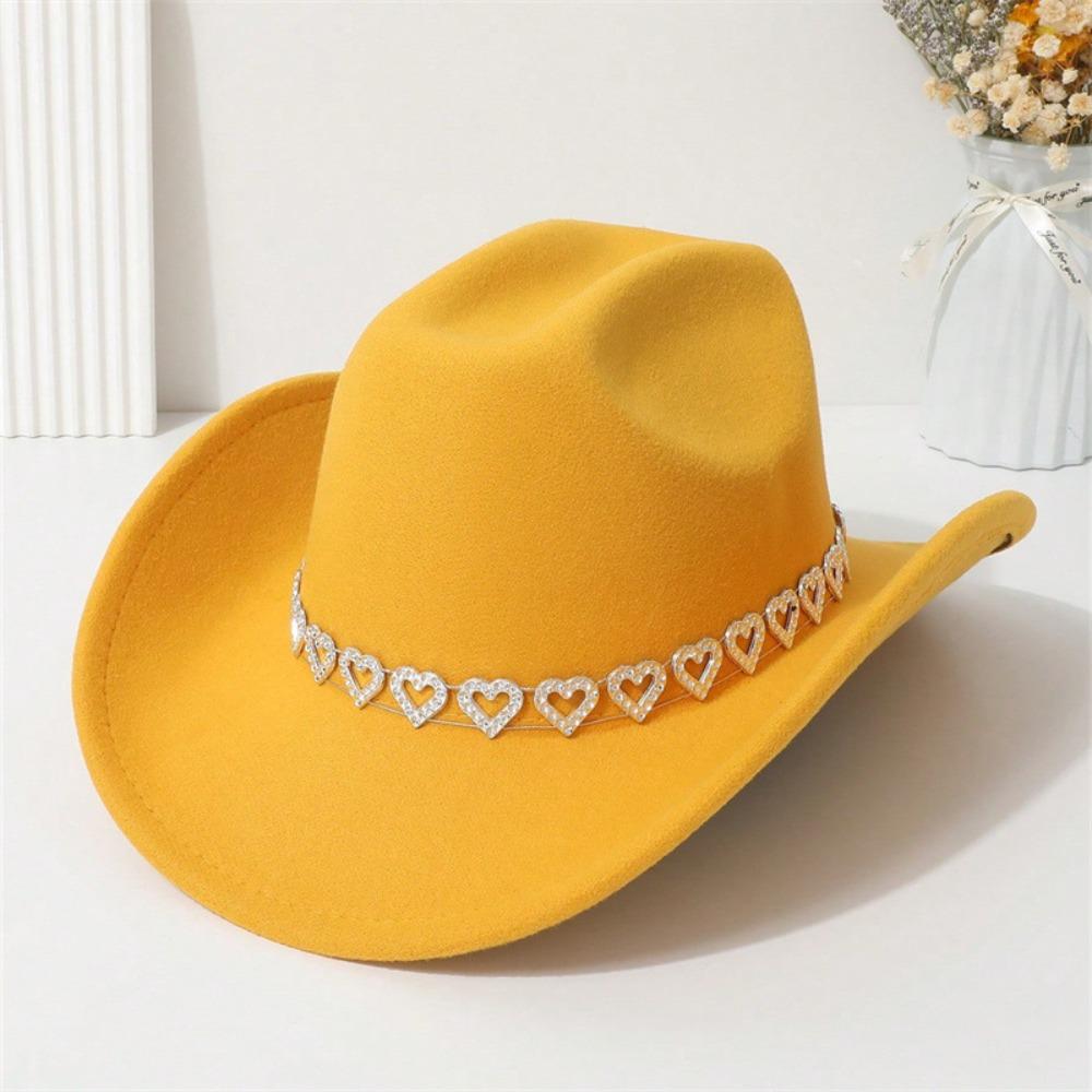 Fashion Breathable Jazz Knight Hat Heart-Shaped Diamond Solid Color Cowboy Hat Wide Brim Sun Hat For Men Women