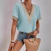 Women V Neck Lace Trim Short Sleeve Blouse Loose Solid Color Casual Summer Shirt Top G152#