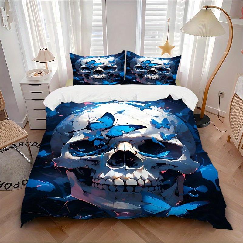

3pcs Skull Butterflies Bedding Cover Set, Fashion Classic Popular Print Bedding Set, Soft Comfortable, All - Season Use, For Bedroom119 135x200cm
