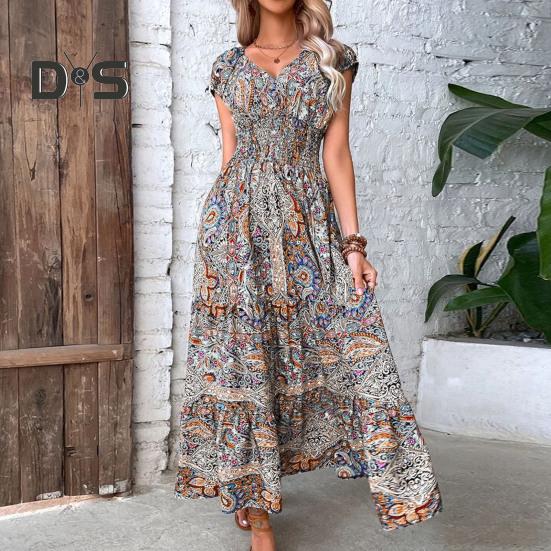 Letnia sukienka maxi z głębokim dekoltem V, krótkim rękawem, w stylu bohemy, z kolorowym nadrukiem, elastyczną wysoką talią, falbankowym szwem na dole, w kształcie litery A, sukienka plażowa
