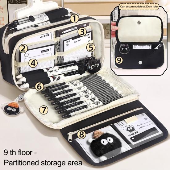 Süßes Federmäppchen Schwarze Katze Motiv Federtasche mit Schlüsselanhänger und Stickern Transparent Große Kapazität Schreibwaren-Organizer für Schüler & Bürogebrauch