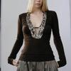 Vintage Patchwork Sequin T-shirt Long Sleeve Sexy Slim Coffee 2000s Clothes Y2k Autumn Tops Tees Female Clothing T Shirt