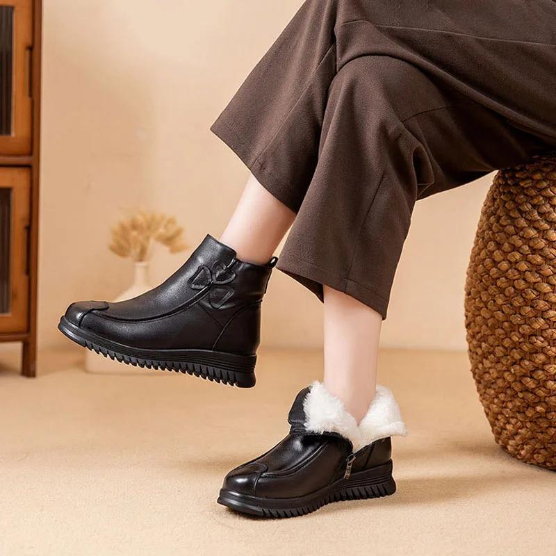 Fashion Cow Leather Women Boots Winter Shoes for Woman Wool Plush Genuine Leather Snow Boots Women Flat Platform Leather Shoes