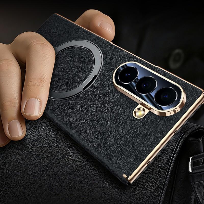 Genuine Leather For Magsafe Magnetic Bracket Case for Samsung Galaxy Z Fold 7 Fold 6 Fold 5 Luxury Central Axis Hinge Stand Case