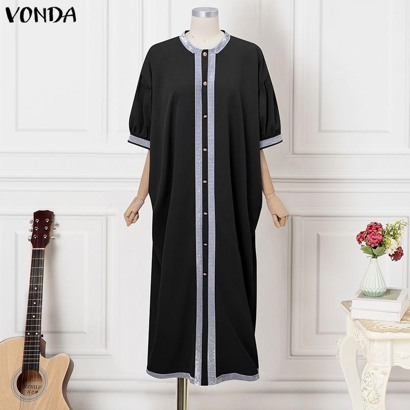 VONDA Summer Women Half Batwing Sleeve Patchwork Hem Casual Loose Long Robe Dress M чёрный