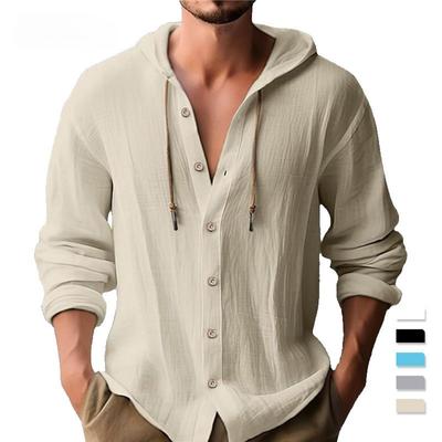 Spring and Summer Men's Hooded T-shirt Solid Color Cotton Linen Men's Casual Long Sleeved Top