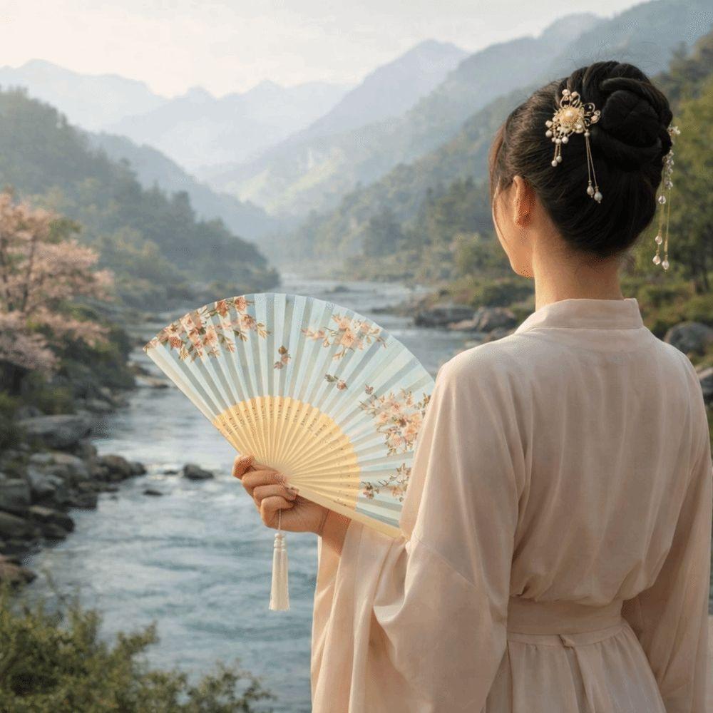 Decorative Bamboo Fan Flower Pattern Dance Fan Portable Cloth Hand Fan  Home Decoration