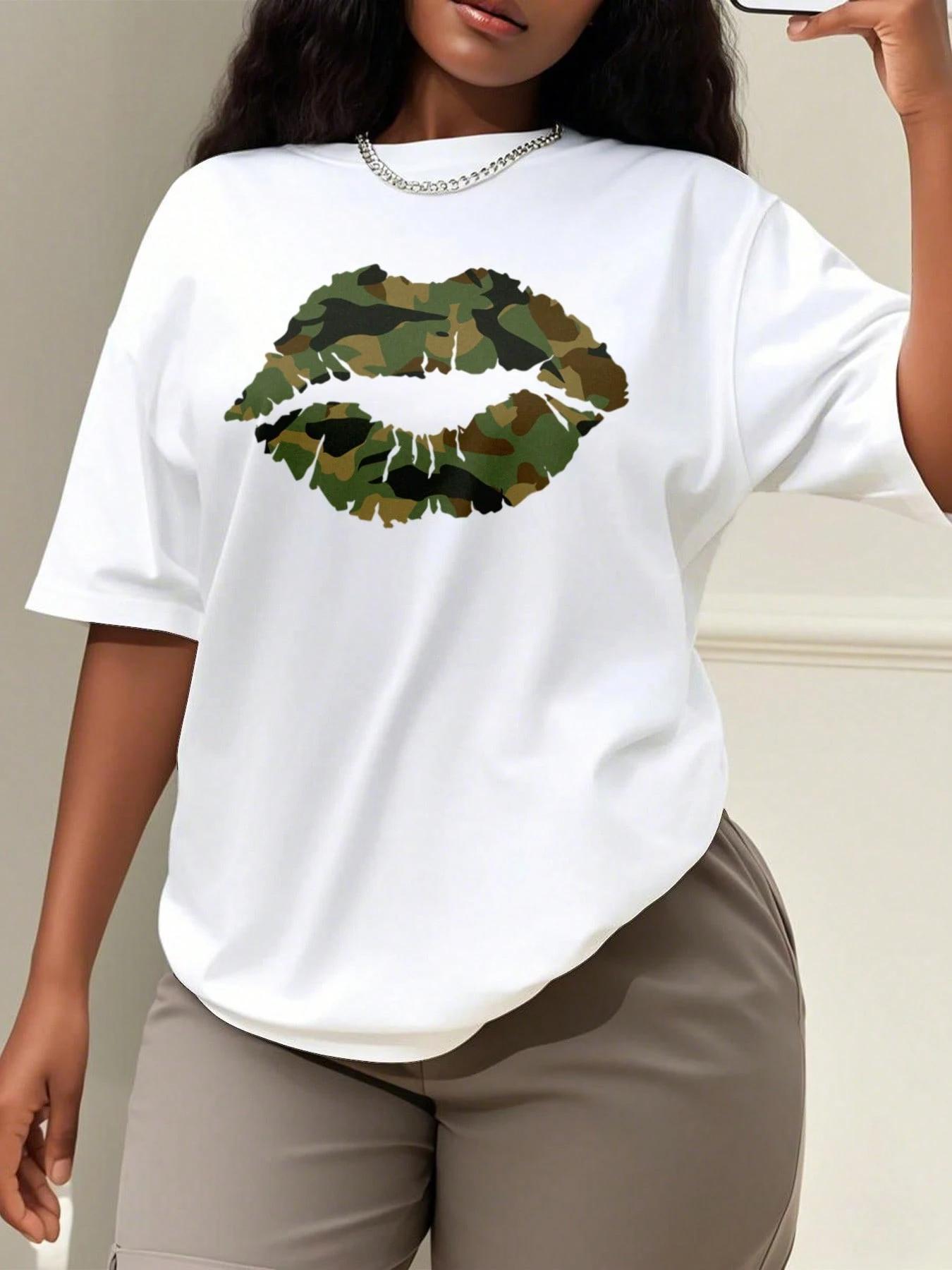 

Womens Plus Size Camouflage Lip Print Tshirt Cotton Breathable Fashionable and Versatile Unisex Streetwear Oversized 4XL