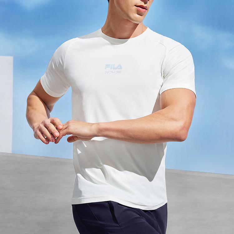 FILA Fitness Series Letter Print Breathable Round Neck Sports Short Sleeve T-Shirt Men Tops Starlight-White A11M421120FWT