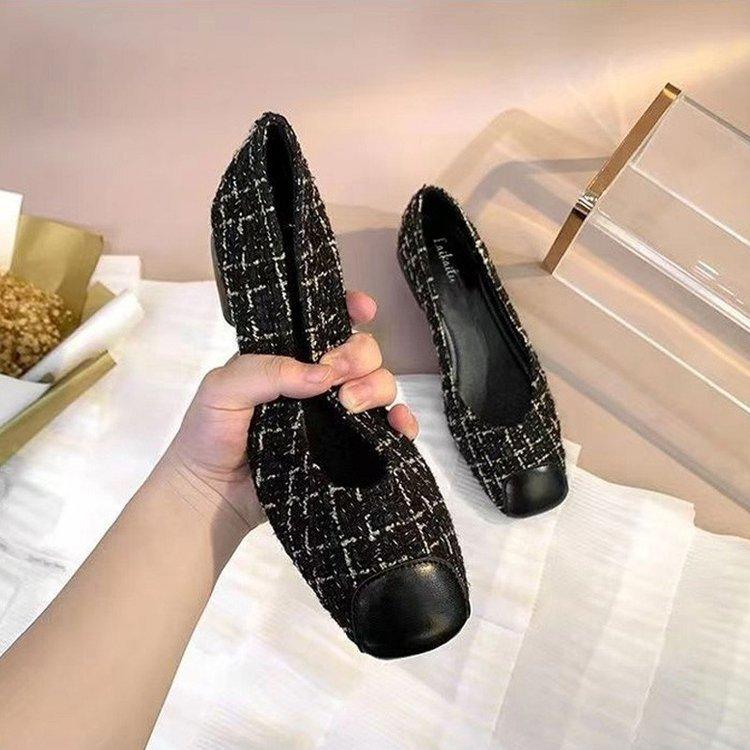 Single Shoes Women's Autumn Celebrity Style Shallow Mouth Soft Sole Flat Bottom Low Heel Grandma Shoes One Pedal Work Shoes