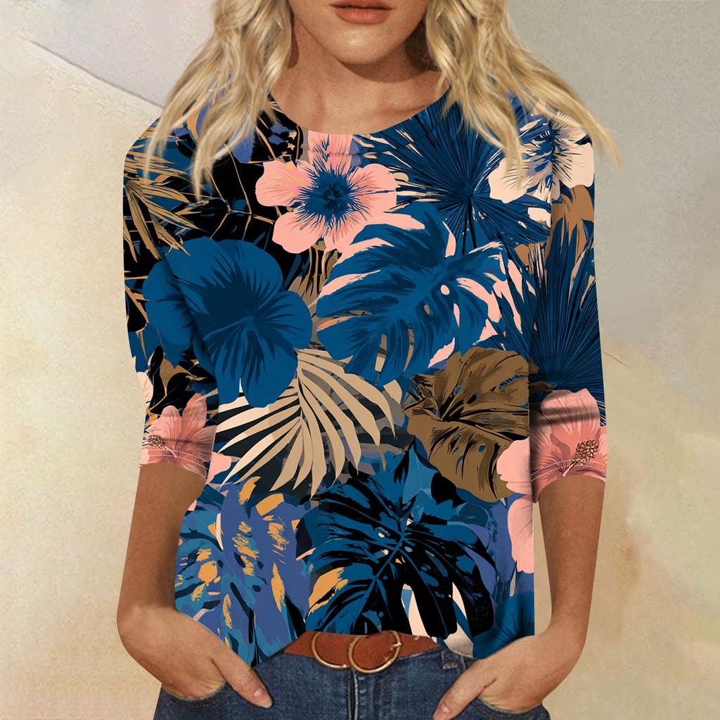 Women's Fashionable Casual Round Neck Three-quarter Sleeve Hawaiian Print T-shirt Top