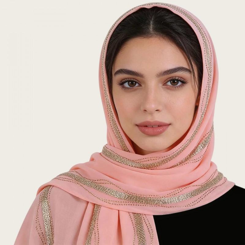Womens Lightweight Chiffon Scarf With Pearl Embellishment Ethnic Print Wrap Shawl UV Protection Cover Head Accessory Daily Wear Travel