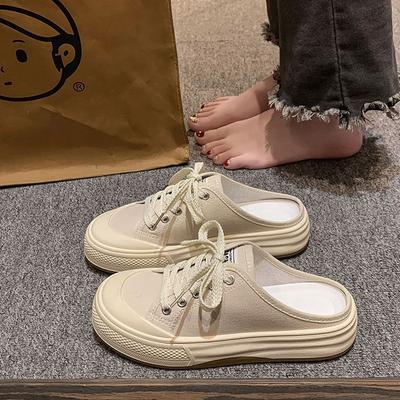 Τσάντα με κορδόνια, μισές παντόφλες με μύτη, γυναικεία εξωτερικού χώρου, 2024 άνοιξη και καλοκαίρι, νέα, τεμπέλικα παπούτσια με ένα πέταλο, casual πλατφόρμες, παπούτσια από καμβά