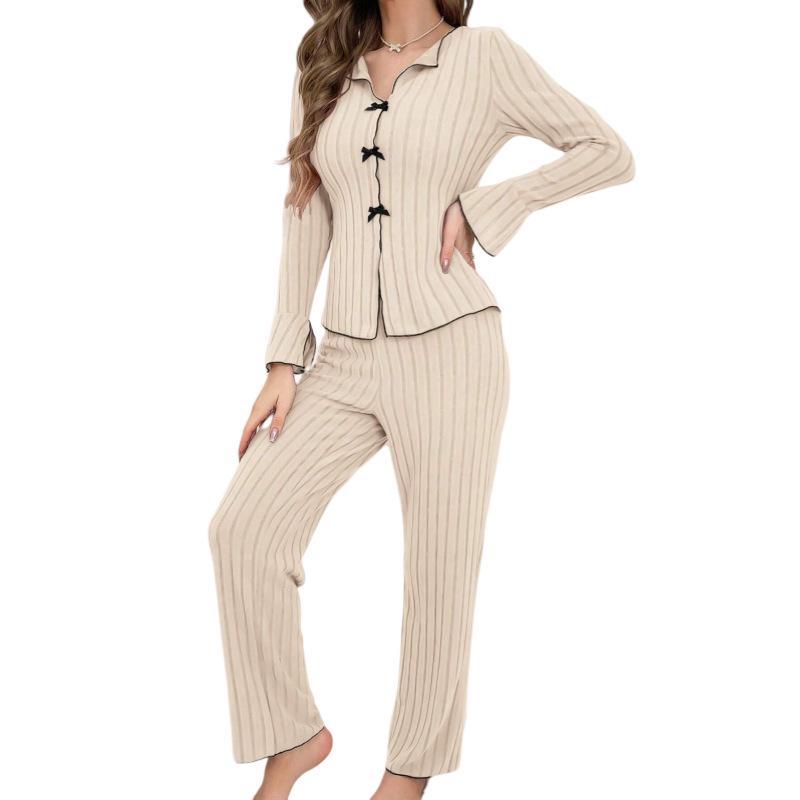 Europäischer und amerikanischer Damen-Revers-Schleifen-Pyjama-Set - Sexy Oberteil mit langen Ärmeln & lange Hose für Herbst/Winter