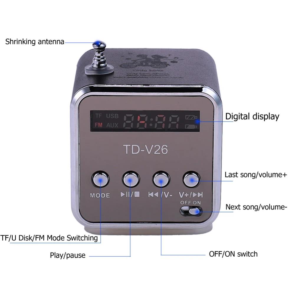 TD-V26 Portable Mini FM Radio Micro Treble Bluetooth Portable Voice For Computer Mobile Phone MP3 Music Support Micro TF SD Card