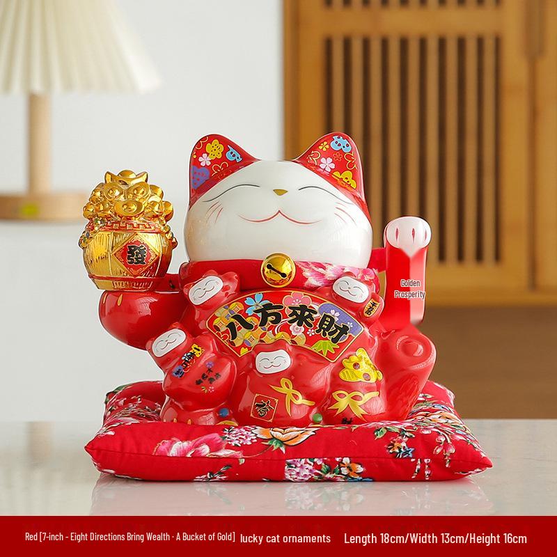 Electric Waving Lucky Cat Ceramic Ornament for Home, Living Room, Shop, or Cashier Desk.